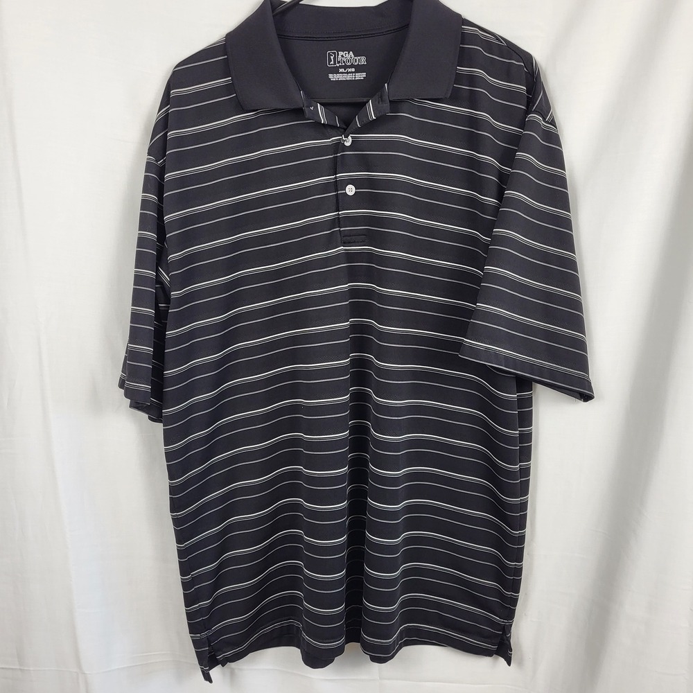 PGA Tour Golf Polo Shirt Mens XL Black‎ Gray Striped Performance Short Sleeve